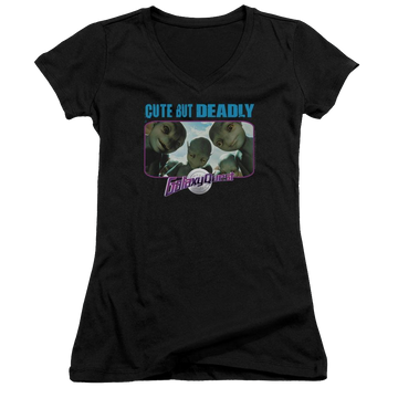 Black juniors v-neck t-shirt with Galaxy Quest Cute But Deadly graphic