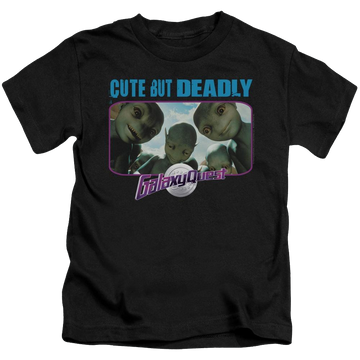 Black kid's t-shirt for ages 4 to 7 with Galaxy Quest Cute But Deadly graphic