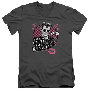 Charcoal men's v-neck t-shirt with Grease Kenickie graphic