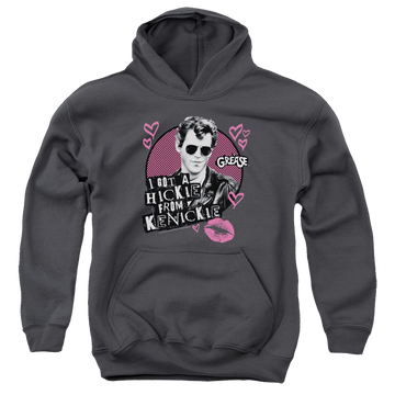 Charcoal youth hoodie for ages 8 to 12 with Grease Kenickie graphic