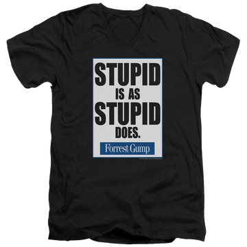 Black men's v-neck t-shirt with Forrest Gump Stupid Is graphic