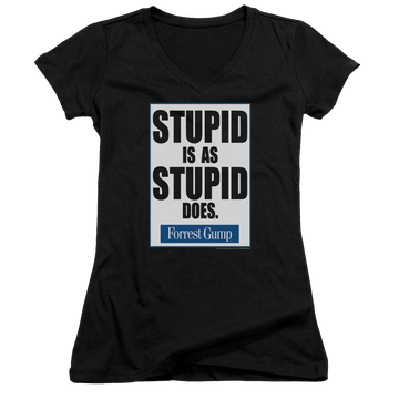 Black juniors v-neck t-shirt with Forrest Gump Stupid Is graphic