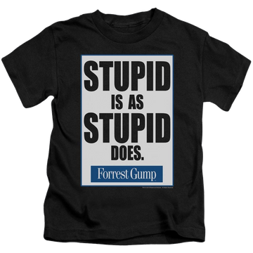 Black kid's t-shirt for ages 4 to 7 with Forrest Gump Stupid Is graphic
