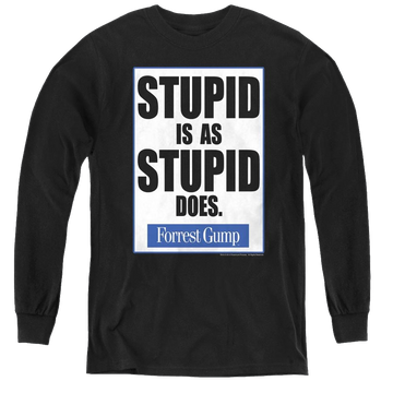 Black youth long sleeve t-shirt with Forrest Gump Stupid Is graphic