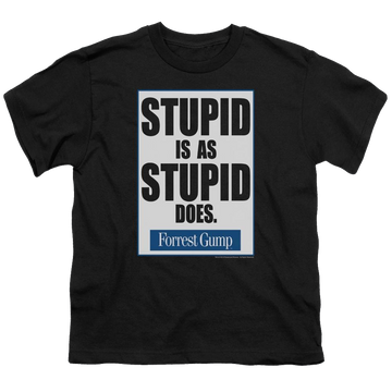 Black youth t-shirt for ages 8 to 12 with Forrest Gump Stupid Is graphic
