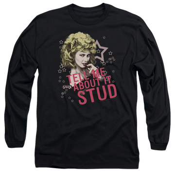 Black men's long sleeve t-shirt with Grease Tell Me About It Stud graphic