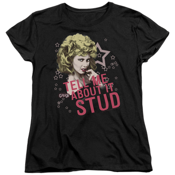 Black women's t-shirt with Grease Tell Me About It Stud graphic