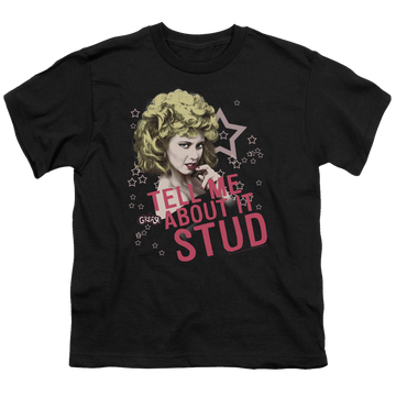 Black youth t-shirt for ages 8 to 12 with Grease Tell Me About It Stud graphic