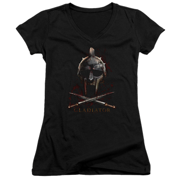 Black juniors v-neck t-shirt with Gladiator Helmet graphic