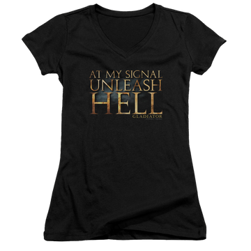 Black juniors v-neck t-shirt with Gladiator Unleash Hell graphic