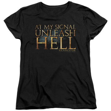 Black women's t-shirt with Gladiator Unleash Hell graphic