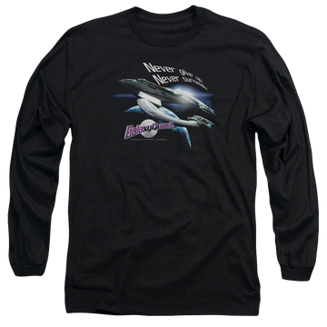 Black men's long sleeve t-shirt with Galaxy Quest Never Surrender graphic