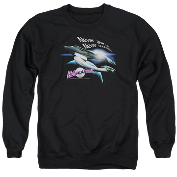 Black men's crewneck sweatshirt with Galaxy Quest Never Surrender graphic