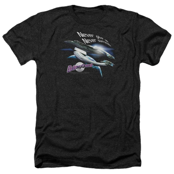 Charcoal men's heather t-shirt with Galaxy Quest Never Surrender graphic