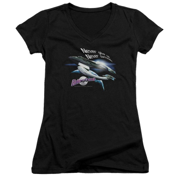 Black juniors v-neck t-shirt with Galaxy Quest Never Surrender graphic