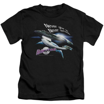 Black kid's t-shirt for ages 4 to 7 with Galaxy Quest Never Surrender graphic