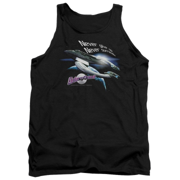Black men's tank with Galaxy Quest Never Surrender graphic