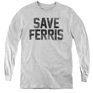 Athletic heather youth long sleeve t-shirt with Ferris Bueller's Day Off Save Ferris graphic