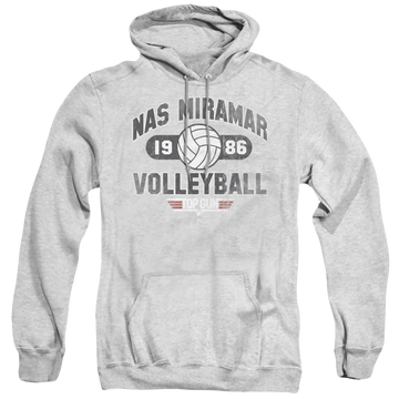 Athletic heather pullover hoodie with Top Gun Nas Miramar Volleyball graphic