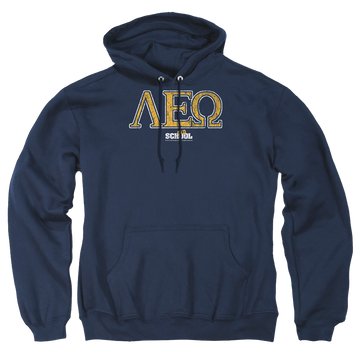 Navy pullover hoodie with Old School Leo graphic