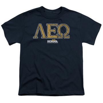 Navy kid's t-shirt for ages 4 to 7 with Old School Leo graphic