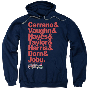 Navy pullover hoodie with Major League Team Roster graphic
