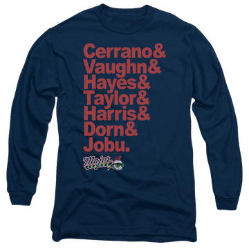 Navy men's long sleeve t-shirt with Major League Team Roster graphic