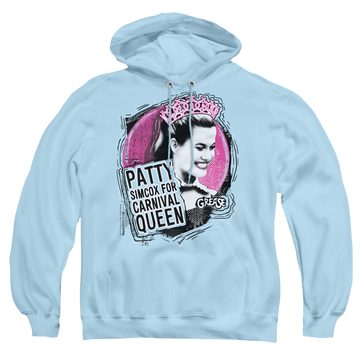 Light blue pullover hoodie with Grease Carnival Queen graphic