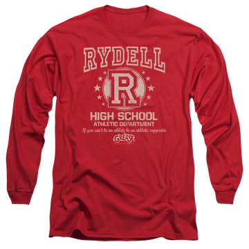 Red men's long sleeve t-shirt with Grease Rydell High graphic