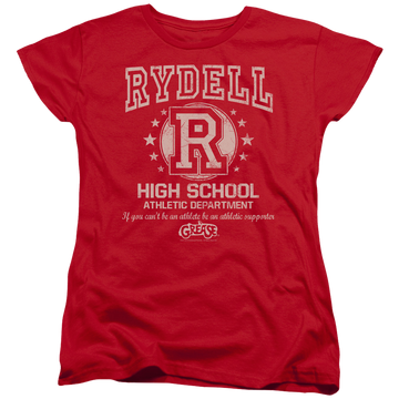 Red women's t-shirt with Grease Rydell High graphic