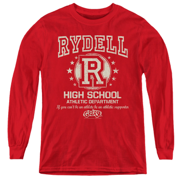 Red youth long sleeve t-shirt with Grease Rydell High graphic