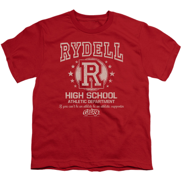 Red youth t-shirt for ages 8 to 12 with Grease Rydell High graphic