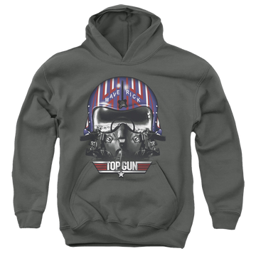 Charcoal youth hoodie for ages 8 to 12 with Top Gun Maverick Helmet graphic