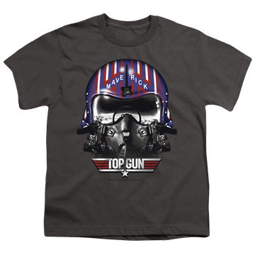 Charcoal youth t-shirt for ages 8 to 12 with Top Gun Maverick Helmet graphic