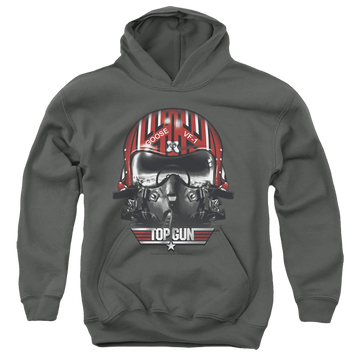 Charcoal youth hoodie for ages 8 to 12 with Top Gun Goose Helmet graphic