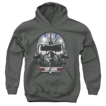 Charcoal youth hoodie for ages 8 to 12 with Top Gun Iceman Helmet graphic