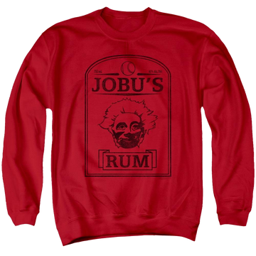 Red men's crewneck sweatshirt with Major League Jobus Rum graphic