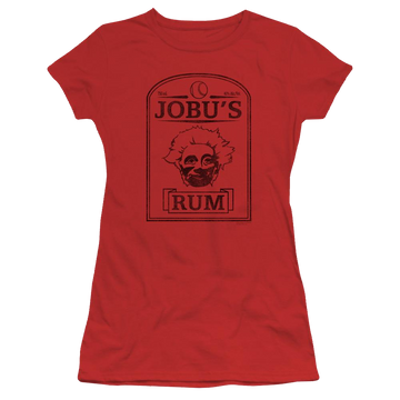 Red juniors t-shirt with Major League Jobus Rum graphic