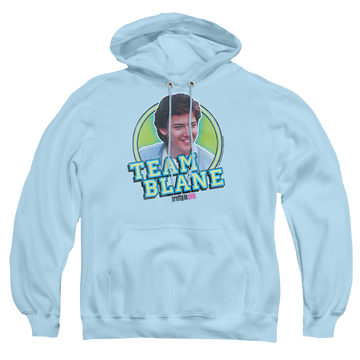 Light blue pullover hoodie with Pretty in Pink Team Blane graphic