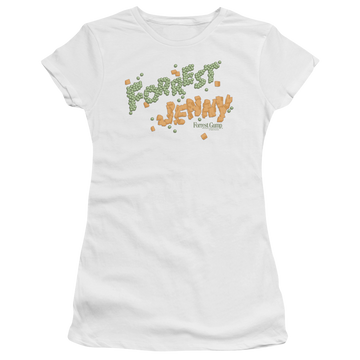 White juniors t-shirt with Forrest Gump Peas And Carrots graphic