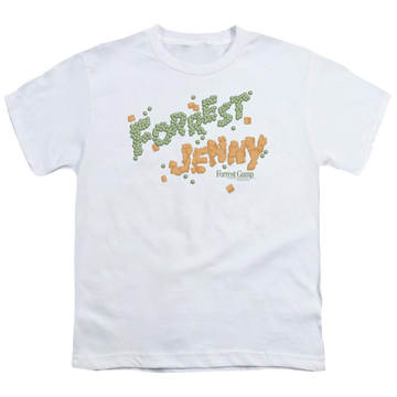 White youth t-shirt for ages 8 to 12 with Forrest Gump Peas And Carrots graphic