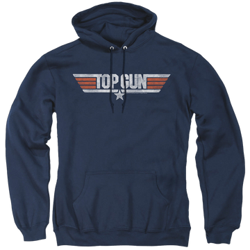 Navy pullover hoodie with Top Gun Distressed Logo graphic