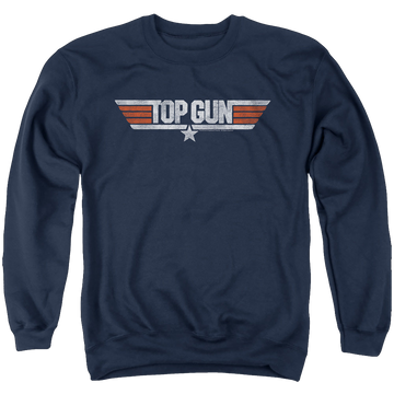 Navy men's crewneck sweatshirt with Top Gun Distressed Logo graphic