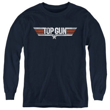 Navy youth long sleeve t-shirt with Top Gun Distressed Logo graphic