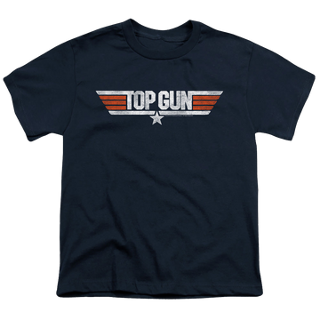 Navy youth t-shirt for ages 8 to 12 with Top Gun Distressed Logo graphic