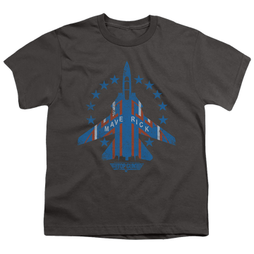 Charcoal youth t-shirt for ages 8 to 12 with Top Gun Maverick graphic