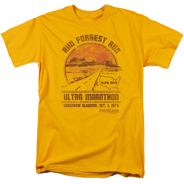 Gold men's regular fit t-shirt with Forrest Gump Ultra Marathon graphic