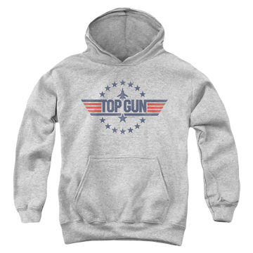 Athletic heather youth hoodie for ages 8 to 12 with Top Gun Star Logo graphic