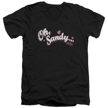 Black men's v-neck t-shirt with Grease Oh Sandy graphic