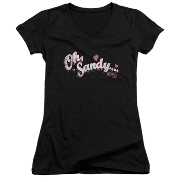 Black juniors v-neck t-shirt with Grease Oh Sandy graphic